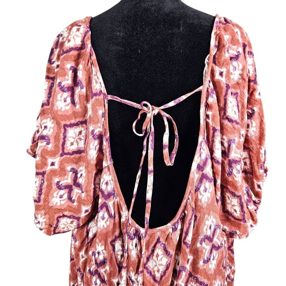 Knox Rose Womens 1X Puff Short Sleeve Tiered A-Line Dress Boho Rust & White - Picture 6 of 11